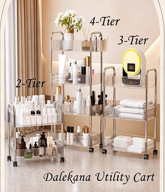 4-Tier Clear Utility Rolling Cart with Wheels for Kitchen & Bathroom | Lightweight-usage, Easy assembly, Multifunctional storage organizer, Clear, 7.9”W * 13”L * 35.8”H