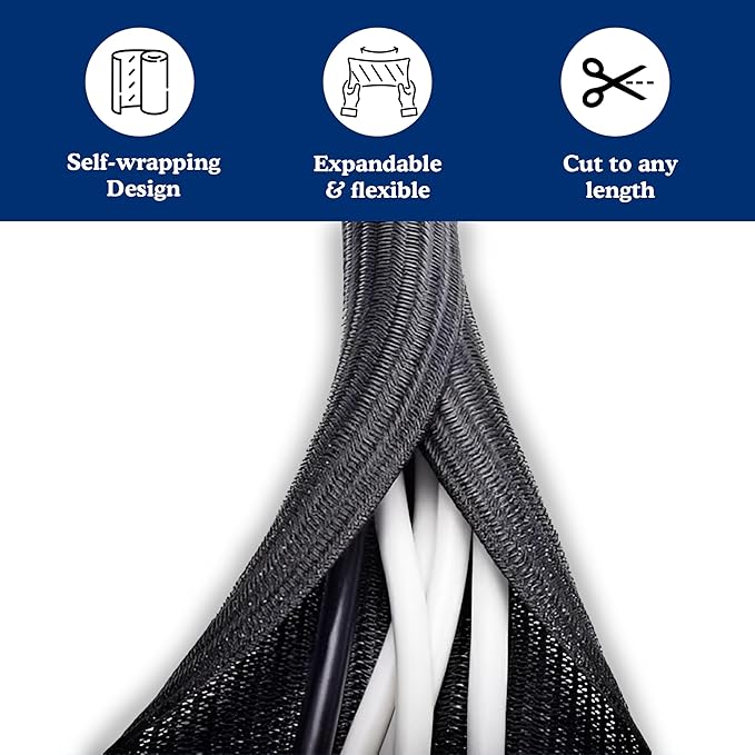 Cable Management Sleeve & Cord Organizer for Desks - Wire Management Cover to Conceal & Protect Messy Cables for Computers, TV & Electronics - 10 ft x 0.5"