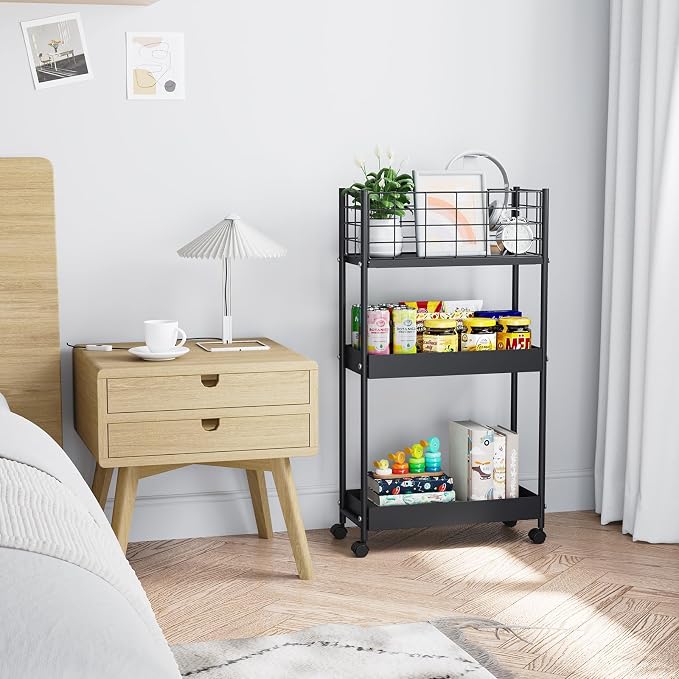 KINGRACK Slim Rolling Storage Cart 3 Tier - Heavy Duty Metal Utility Cart with Raised Edge & Wheels, Narrow Small Mobile Organizer Shelves for Bathroom, Kitchen, Laundry, Office, Living Room, Black