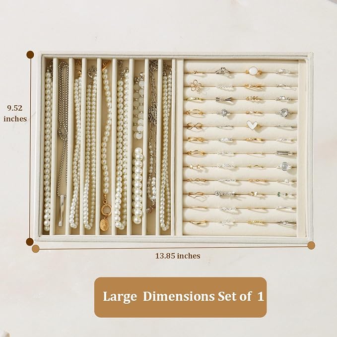 Large Jewelry Organizer for Drawer Insert Velvet Stackable Jewelry Trays for Earring Necklace Bracelet Ring Display (Beige, Ring and 9 Grids)
