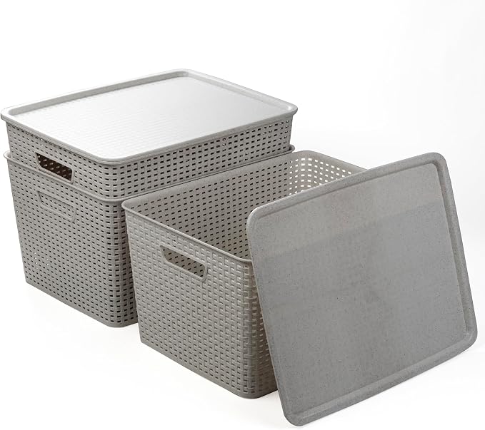BINO | Plastic Storage Baskets with Lids, 33 Liter - 3 Pack, Natural Grey | THE WOVEN COLLECTION | Storage Basket for Shelves | Woven Storage Baskets for Organizing Bins | Pantry Shelf Organizer Bin