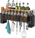 Hanging Spice Rack Wall Mount, Over Stove Spice Organizer Shelf with Wall Hanging Utensil Holder 6 Hooks for Kitchen, Black