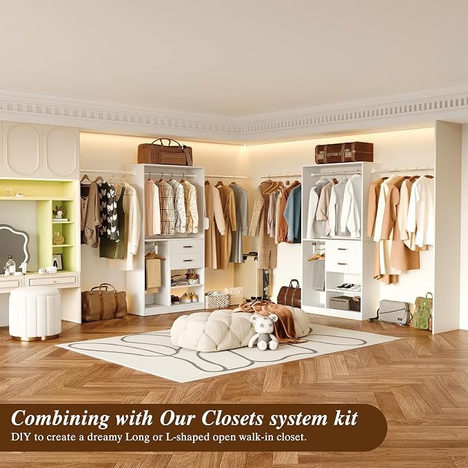 39.4"-118" Extra Wide Closet System with 2 Expandable Rods, Walk-in Closet Organizer with 2 Drawers and Retractable Hidden Rod, Modern Wood Built-in Closet Kit for Long Coats & Dresses, White