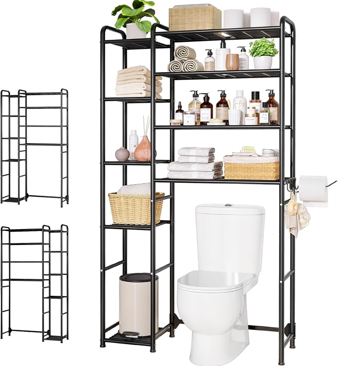 Kitsure Over the Toilet Storage – 9-Tier Black Metal Bathroom Organizer Shelves with Adjustable Side Shelves, Space-Saving Over Toilet Rack for Small Bathrooms, Apartments & Rental Homes, 68.7" H