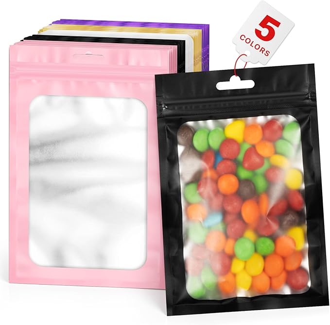 ANZNKU 100 PCS Multicolor Resealable Mylar Bags with Zipper and Frosted Clear Window Packaging Bags Self Sealing Bag for Food Jewelry Storage Supplies (5.12x8.27)