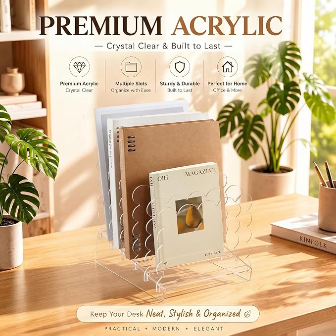 AmazingSpark Acrylic File Organizer for Desk, 5-Slot Acrylic File Sorter with Scalloped Edge, Clear Desktop Holder for Folders, Documents, Notebooks, Clipboards and Mail for Home, Office and School