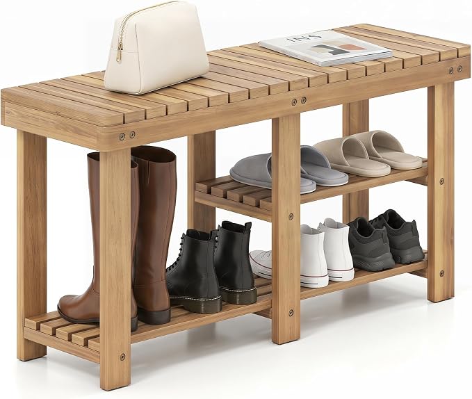 GOFLAME Wooden Shoe Rack Bench, 3-Tier Free Standing Entryway Bench Seat with Slatted Shelves, Shoe Storage Organizer for Entryway, Hallway, Bedroom, Living Room, Small Space, 34"x11"x18"