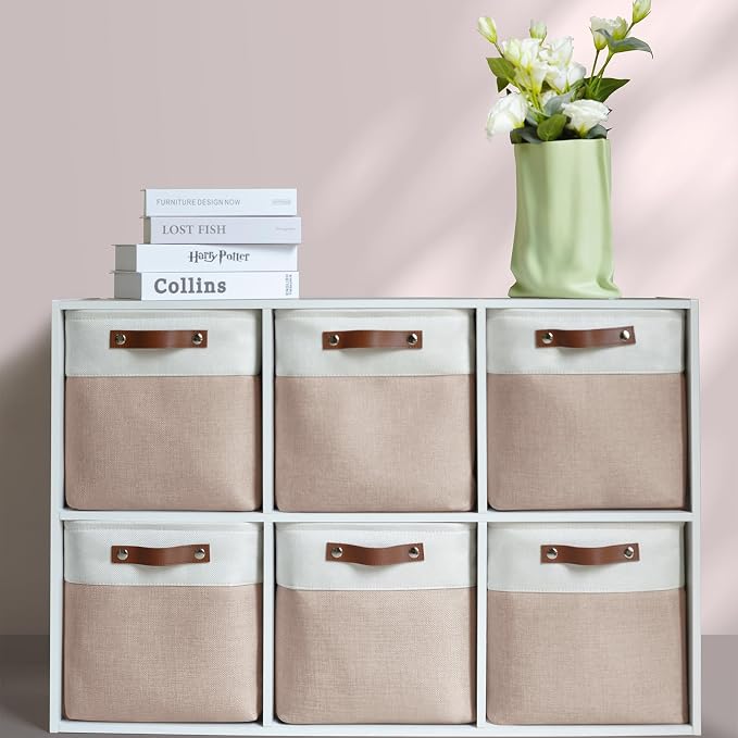 Patvingot Fabric Storage Cubes 11", 6 Pack, with PU Pull Handles,Foldable | For accessories on cube shelves or in closets; reinforced opening, pull-out access, folds flat when empty,white and pink