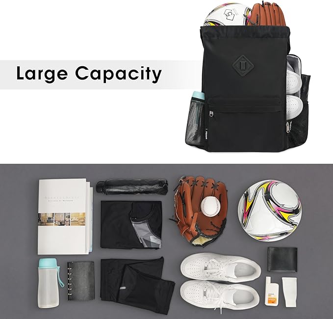 WANDF Drawstring Backpack with Shoe Compartment, Sports Gym Bag | Multi-Pocket Storage, Water-Resistant Fabric, Cinch String Bag