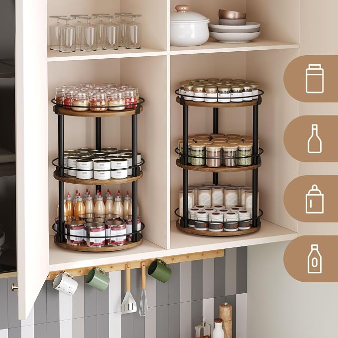 YATINEY Spice Rack, Set of 2 Lazy Susan Organizer, 3-Tier Turntable Organizer For Cabinet, Compact and Versatile, for Kitchen Countertop, Rustic Brown SR23L2BR