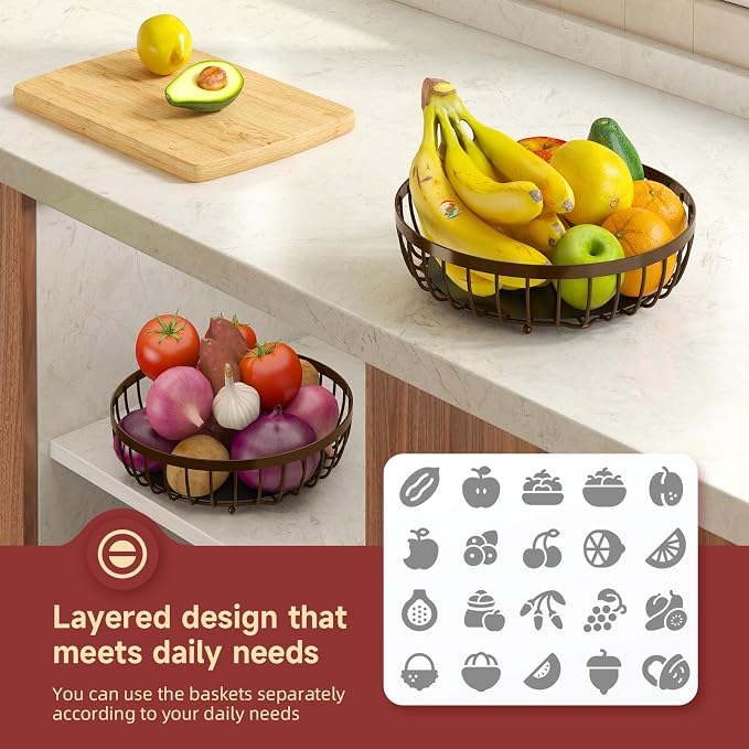 Sevenblue 2 Tier Fruit Basket for Kitchen Counter with 2 Banana Hangers, 2026 Pro Detachable Metal Fruit Bowl with Wooden Handle,Fruit Holder for Bread Snack Veggies, Brown Extra Large
