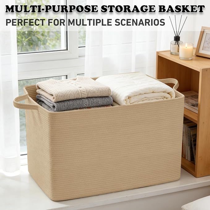 65L Collapsible Woven Rope Laundry Basket with Handles,Jute | 21x16x12 Foldable Rectangular Blanket Basket for Toys, Clothes & Pillows,Ideal for Nursery, Bathroom, Bedroom, Living Room