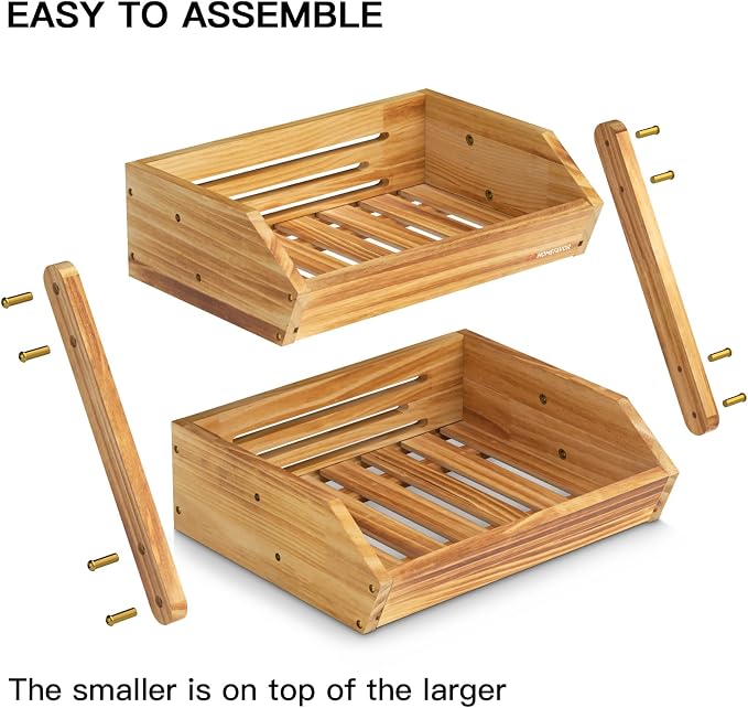 G.a HOMEFAVOR 2-Tier Pine Wood Fruit Basket, Self-assembly | Fruit Bowl for Kitchen Countertop, Vegetable Storage and Home Organizer