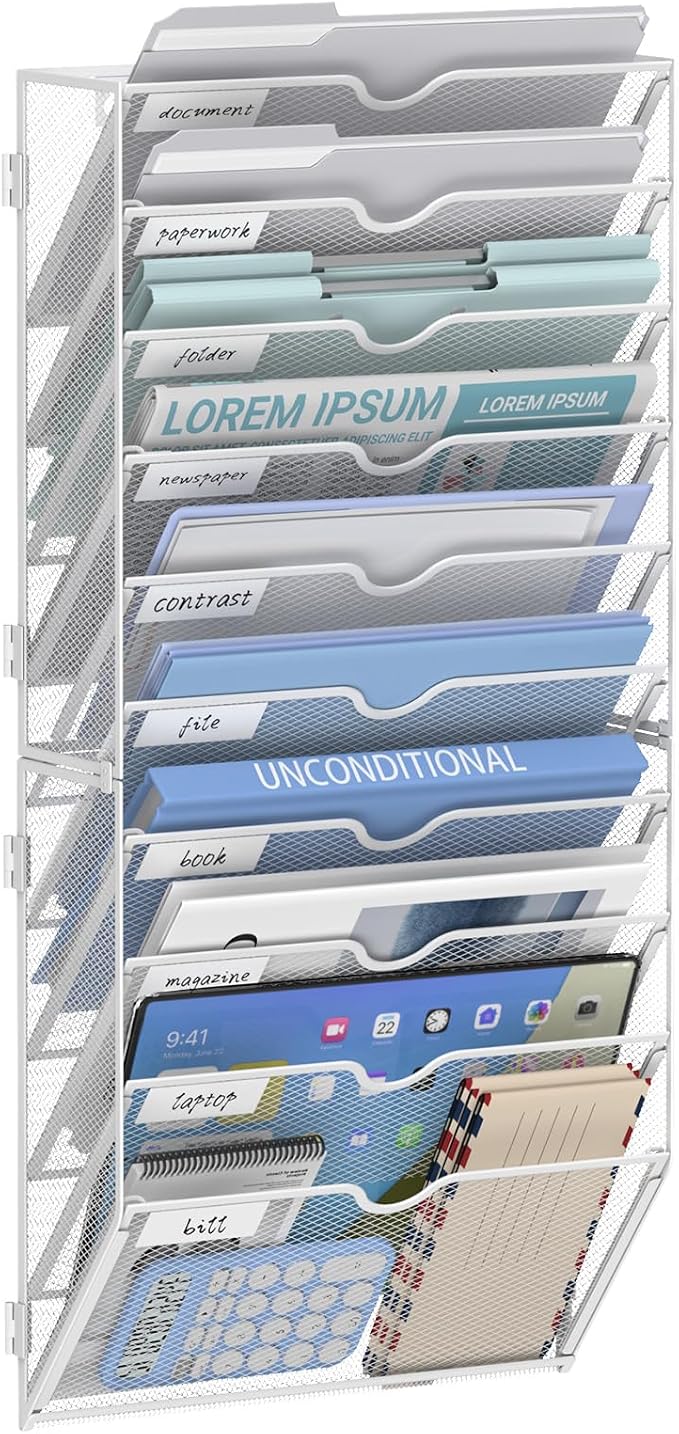 10-Tier Wall File Organizer and Hanging File Organizer, White | Wall Organizer and Wall Mounted File Holder with 14 Pockets and Label Panels for Files, Mail, Folders, Magazines and Paper
