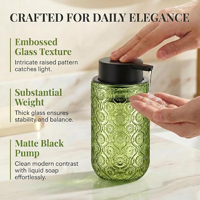 Green Glass Liquid Hand Soap Dispenser with Matte Black Pump Thick Embossed Bottle Refillable for Bathroom and Kitchen Decor 13.5 oz