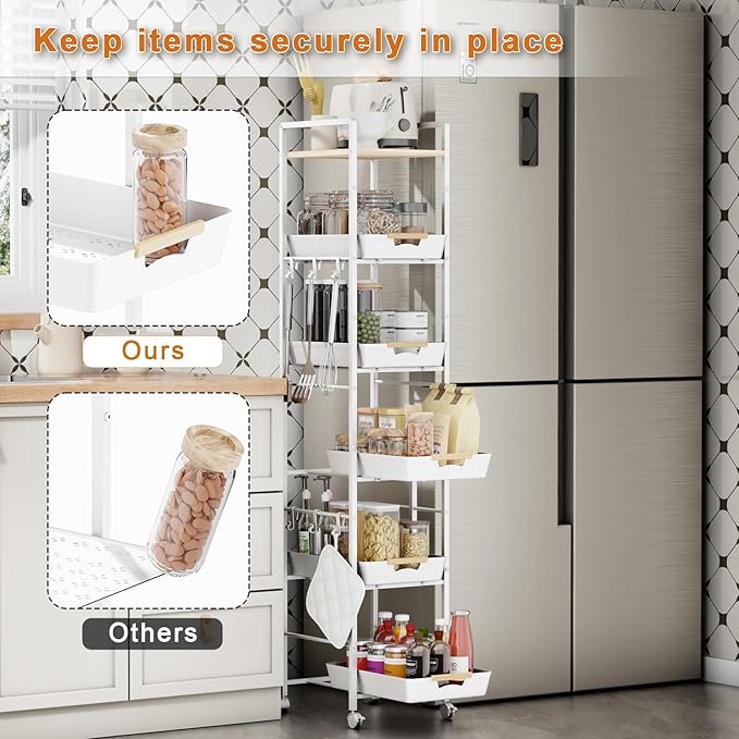 6-Tier Slim Rolling Storage Cart with Wheels, Metal Organizer Tall Rolling Cart, Wood Top Narrow Mobile Utility Cart with Pull-Out Baskets for Kitchen, Bathroom, Laundry Room, 13in(W) White