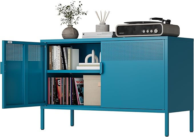 Ustamio Blue Metal Storage Cabinet with Doors and Shelf, 2 Door Locker Storage Cabinet for Home and Office, 2 Tier Low Metal Tv Stand Cabinet