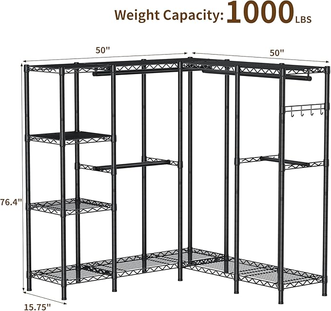 Golpart Heavy Duty Garment Rack Clothes Rack,Large Metal Closet Organizer System Storage Wardrobe,Freestanding Clothing Rack with Adjustable Wire Shelves& Hang Rods,MaxLoad 1100lbs