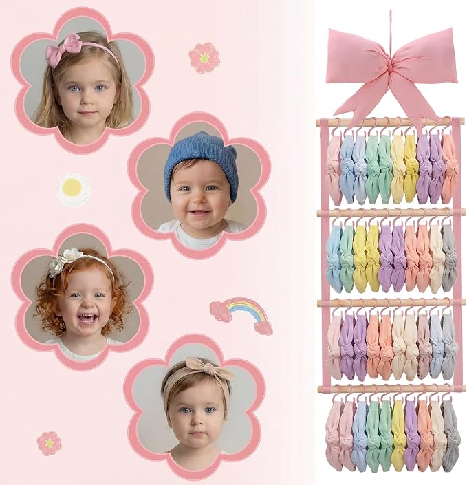 Sliner Pink Bow Headband Holder Head Bands Organizer for Girls, Baby Wall-mounted Headbands Hair Accessories Display Rack with 40 Plastic Hooks for Nursery Room Bedroom Living Room
