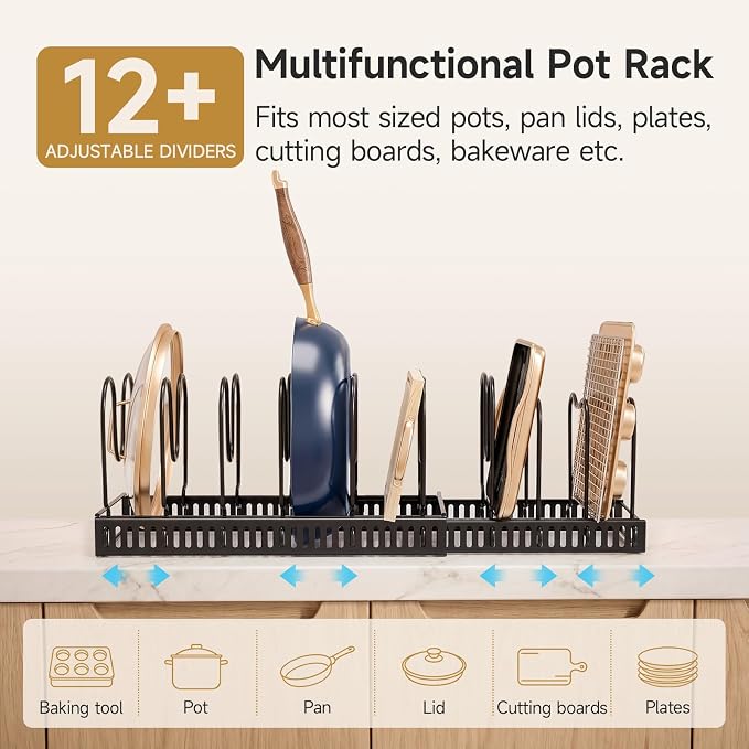 MUDEELA Pot Lids Organizer Rack for Cabinet, Expandable 11.81" to 22.85" Pot and Pan Organizer Holder with 12 Adjustable Dividers, Baking Cookie Sheet Bakeware Cutting Board Kitchen Storage Organizer