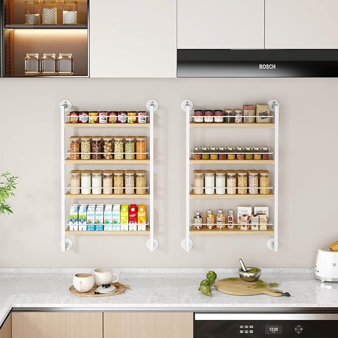 IBUYKE 4 Tier Spice Rack Wall Mount for Kitchen,Natural TLJ016R | Hanging Seasoning Organizer,Large Spice Rack for Wall Spice Organization for Kitchen Cabinet Bathroom Pantry Living Room