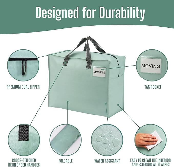 VENO 4 Pack Heavy Duty Moving Bags, Storage Bags, Packing Supplies, Top Zipper, Storage Totes for Camping, Clothes, Bedding, Comforters, Pillows (13 Gallon Light Green, 4 Pack)