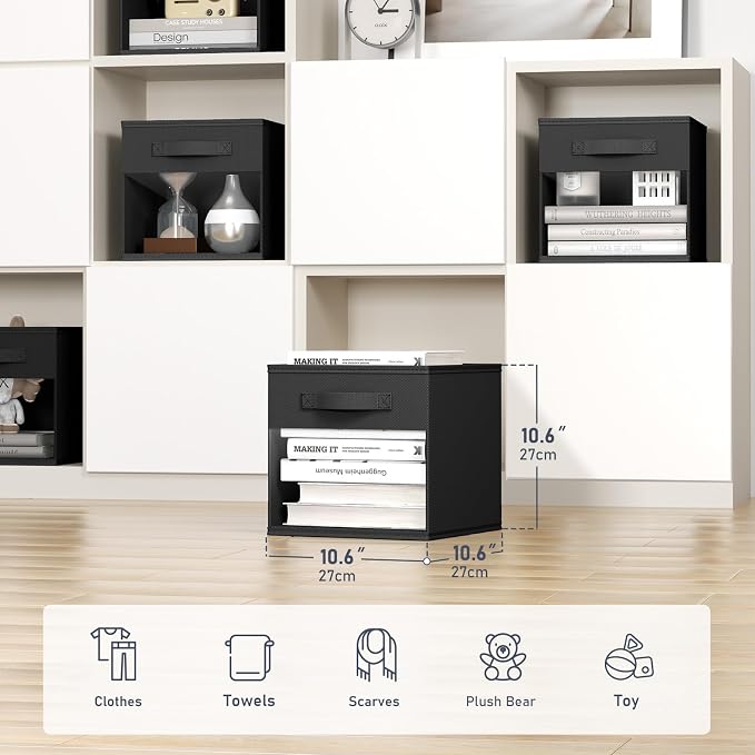 DIMJ Cube Bins, 6 Packs Fabric Storage Cubes with Clear Window, Storage Bins with Handles, Storage Baskets for Organizing Living Room, Bedroom, Office, Black