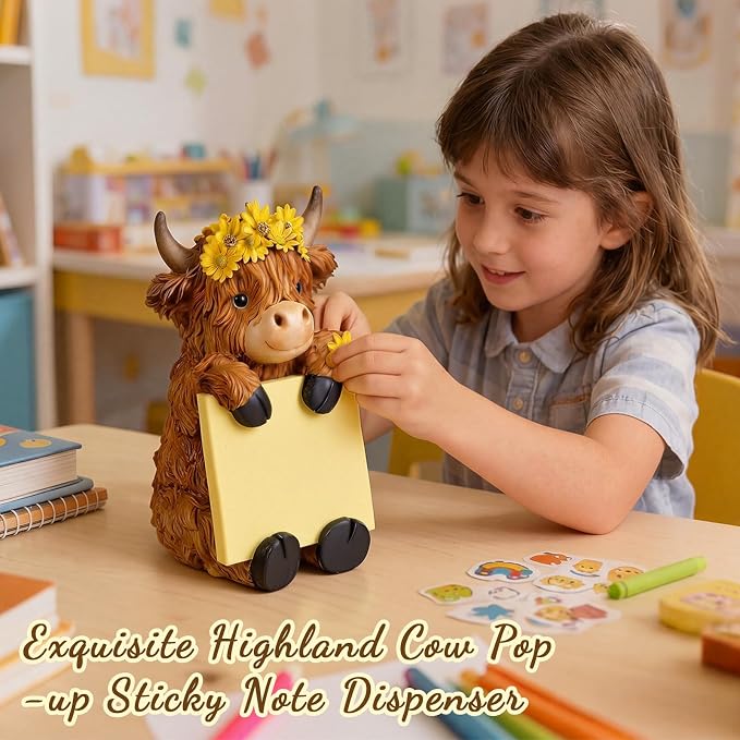 Thenshop Back to School Sunflower Highland Cow Sticky Note Holder Fall Resin Highland Cow Pop up Note Dispenser with 100 Sheets 3 x 3 Inch Sticky Notes Desk Accessory for School Office Gifts