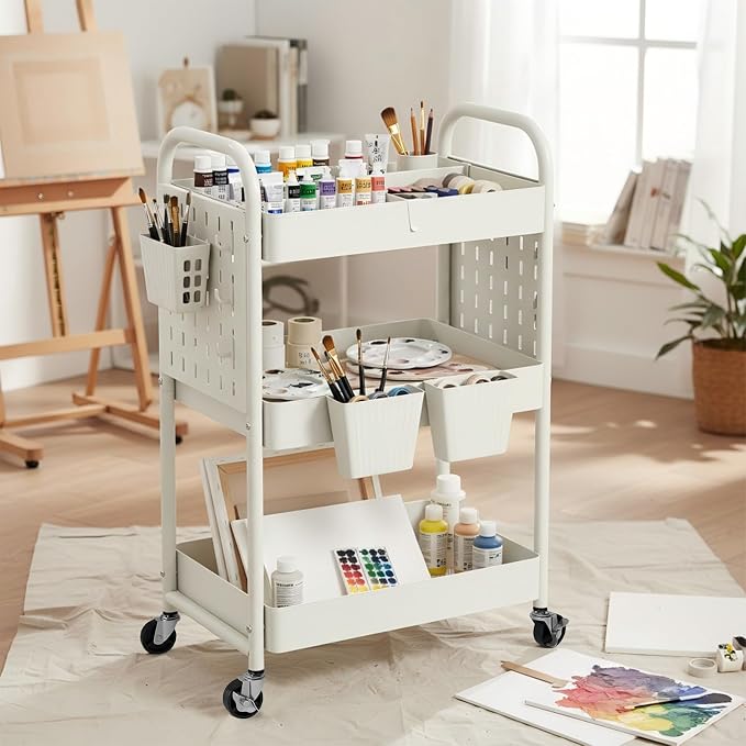 danpinera Craft Cart, Black Rolling Cart with Retractable Dividers & DIY Pegboards for Kitchen, Bedroom, Laundry