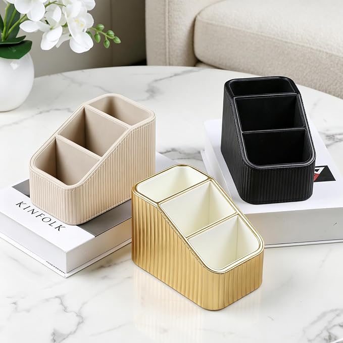 Remote Control Holder, PU Leather Nightstand Organizer, Gold | 3-compartment Remote Bedside Caddy, Soft Velvet Lining, Small Desk Organizer for Remote/Pen/Glasses/Phone