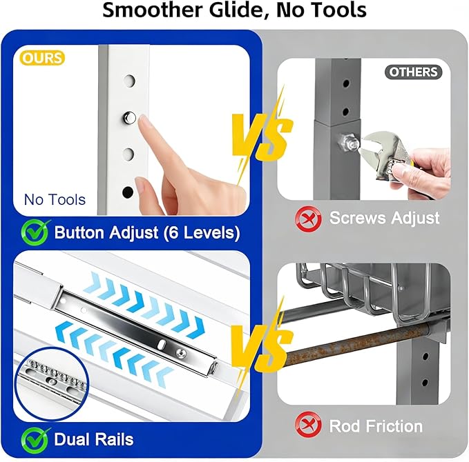 Under Sink Organizer, Dual-Rail Ball-Bearing, Under Kitchen Sink Organizer, 6-Level Adjustable, Under Cabinet Organizer, No-Drill Adhesive/Suction, Under Sink Storage (white, 2-pack)