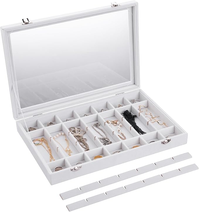 Frebeauty 35 Grid Earring Organizer,Velvet Jewelry Tray with Clear Lid | Drawer Jewelry Organizer for Rings Studs Beads,Adjustable Dividers,Dustproof Design,Earring Storage,Trinket Box,13.8×9.5Inch