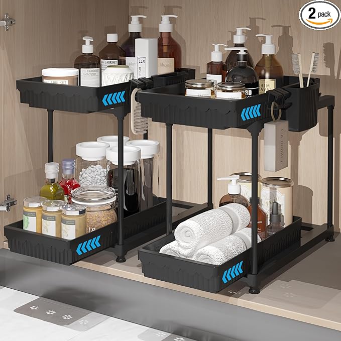 Sevenblue 2 Pack Double Sliding Under Sink Organizers and Storage, 2 Tier Under Bathroom Cabinet Shelf Organizer with Hooks Hanging Cup, Home Organization, Black