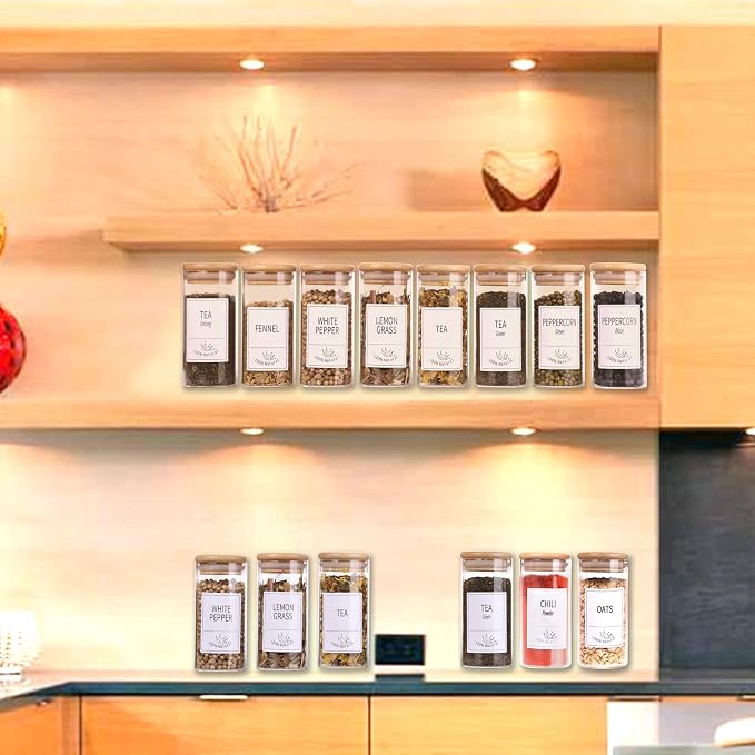 Churboro 24 Pack 4oz Glass Spice Jars with Bamboo Lids, 400 Labels | Empty Spice Bottles with Labels, Airtight Wood Lids, Funnel & Chalk Pen. Keep Seasoning Containers Neat and Organized