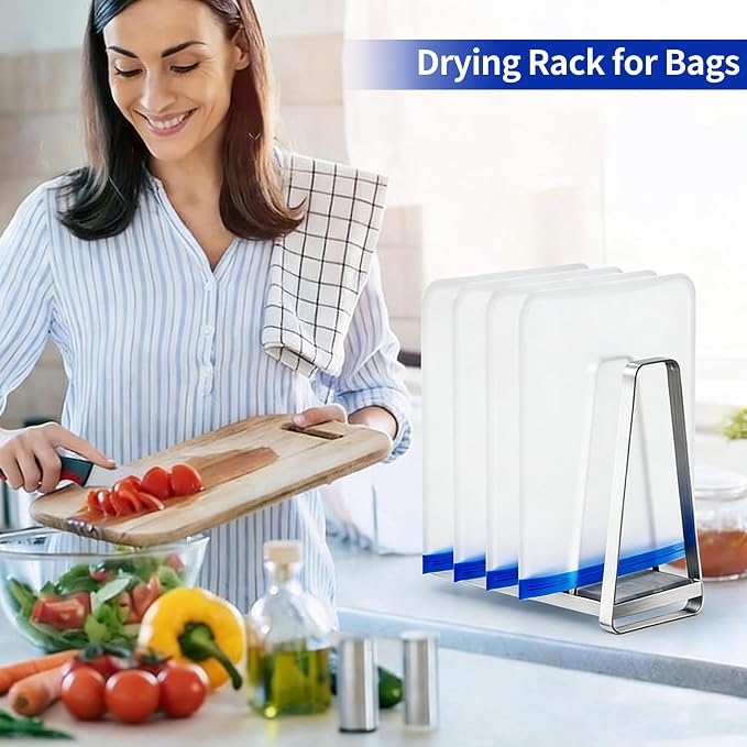 YIGII - Reusable Bag Drying Rack - Built in Quikly Dry Diatomite Stone Tray, Kitchen Drying Rack for Ziplock/Sandwich Storage Bags, Plastic Bag Drying Rack, Silver