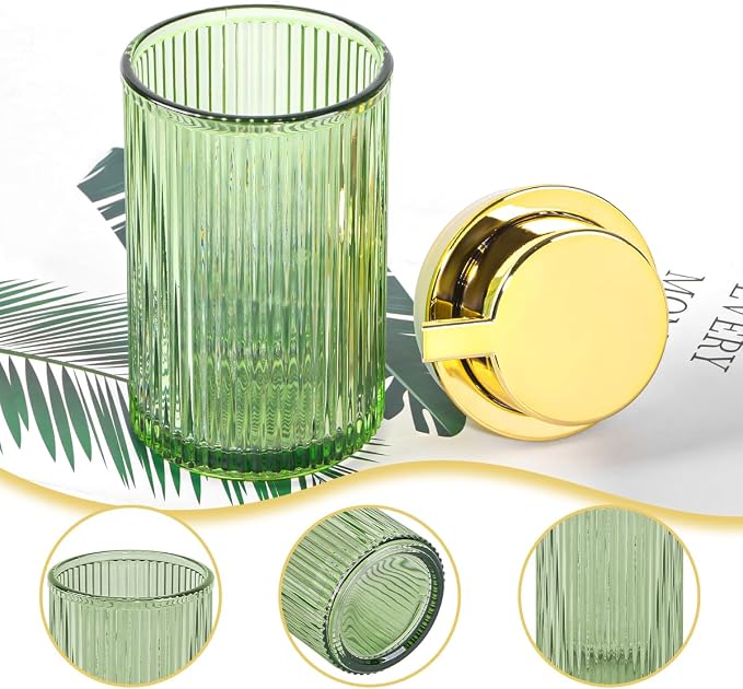 Foaming Soap Dispenser, Bathroom Green Glass Foam Soap Dispenser, Refillable 12 Oz Foam Pump Bottle Container with Gold Pump, Decorative Slim Ribbed Dish Soap Dispenser for Kitchen