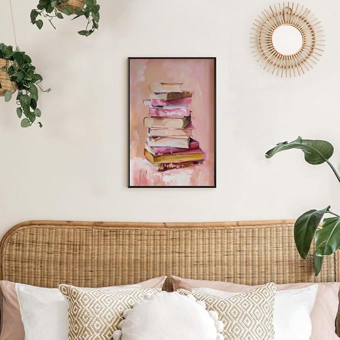 Pastel Book Stack Art Aesthetic Poster Canvas Wall Art Decoration Living Room Home Decor Bedroom Decoration Poster black framed8x12inch