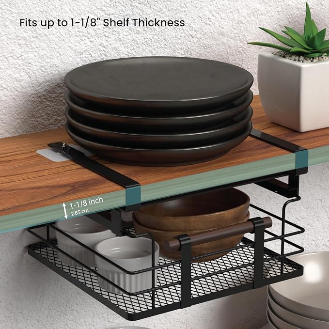 Home Zone Living Pull-Out Kitchen Cabinet Under Shelf Drawer Organizer | Steel Mesh Basket Frame with Wooden Handle, 11" x 11" x 7", Black