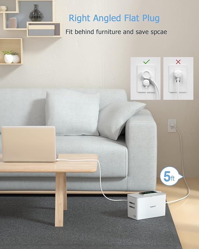 TESSAN Power Strip with Cable Management Box, 5 ft Flat Plug Extension Cord | 4 Outlets 2 USB Ports with Overload Switch, Mountable White Power Cord Organizer Charging Station for Dorm, Office, Home