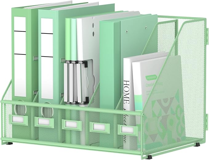 5 Vertical Compartments Magazine Holder, Metal Binder Organizer, Mint Green | Space-Saving Desktop Storage, Built-In Label Holders, Anti-Slip Feet, Sized for Binders, Folders, Magazines and Files
