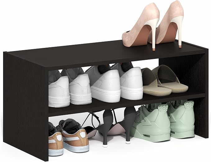 Furinno FANO 2-Tier Shoe Rack, Stackable Shoe Organizer, Dark Oak | 11.7 x 24.2 x 11.7, 24" Width Shoes Storage, for Closet Entryway, Office, Garage