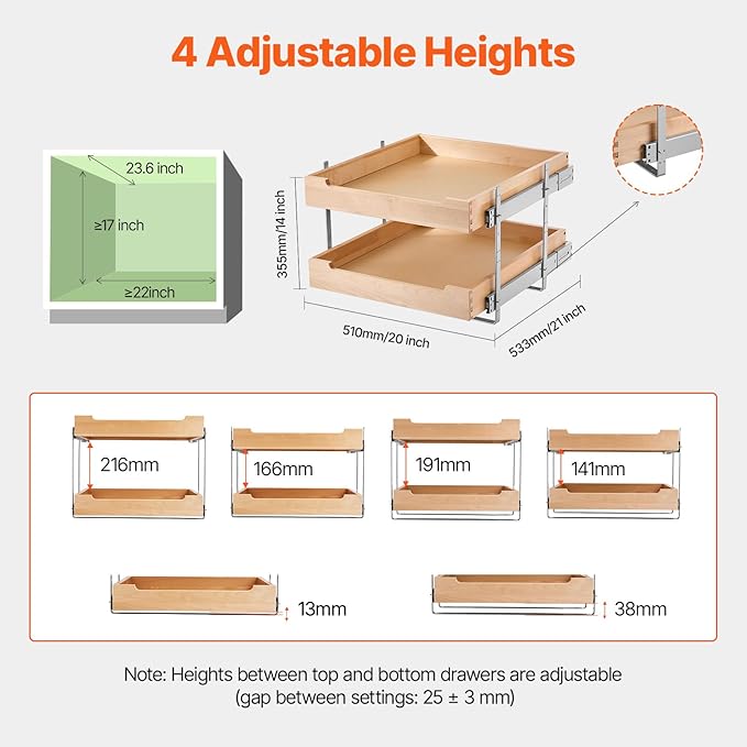 VEVOR 2 Tier Pull Out Cabinet Organizer, 20" W x 21" D Cabinet Drawer, Soft Close Slide out Shelf, Heavy-Duty Sliding Wood Drawer, Adjustable Base Cabinet Organization for Kitchen Pantry Bathroom