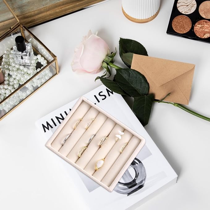 2pcs Ring Holder Display Small Ring Organizer for Jewelry Rings TrayRings Holder Display Tray Velvet Rings Earrings Insert Holders for Girl Store Selling or Home Show Storage Jewelry Box Drawer(Beige)