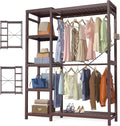 Homykic Bamboo Clothes Rack Garment Rack for Hanging Clothes, Heavy Duty Clothing Rack with 7 Tiers Adjustable Shelves, Double Rods, 4 Hooks, Freestanding Closet System Organizer Wardrobe, Espresso