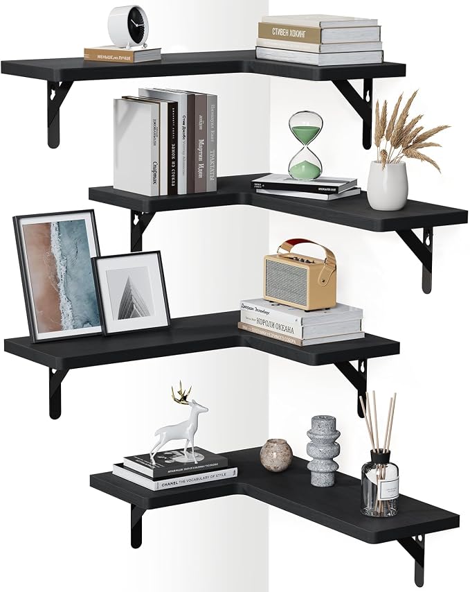 AMADA HOMEFURNISHING Corner Floating Shelves, Set of 4 Corner Wall Shelves, Shelves for Wall Decor, Corner Wood Shelves for Home Decor, Office, Bedroom, Bathroom, Laundry Room, Kitchen, Black