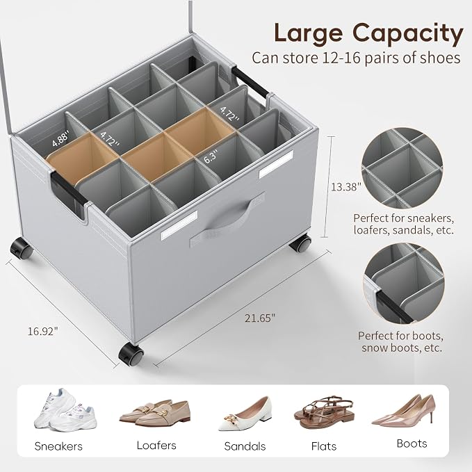 HOUSE AGAIN 2 Pack Shoe Organizer for Closet, Shoe Storage Organizer with Reinforced Metal‑Steel Frame, Lockable Wheels & Clear Cover, Foldable Shoe Box for Closet and Entryway, Gray