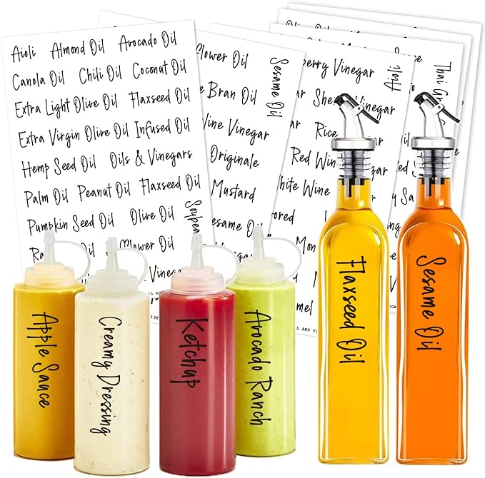 138 Oil and Vinegar Labels for Bottles, Black Script Clear Preprinted Condiments Stickers for Squeeze Dispensers Kitchen Pantry Organization, Waterproof & Oil-Proof
