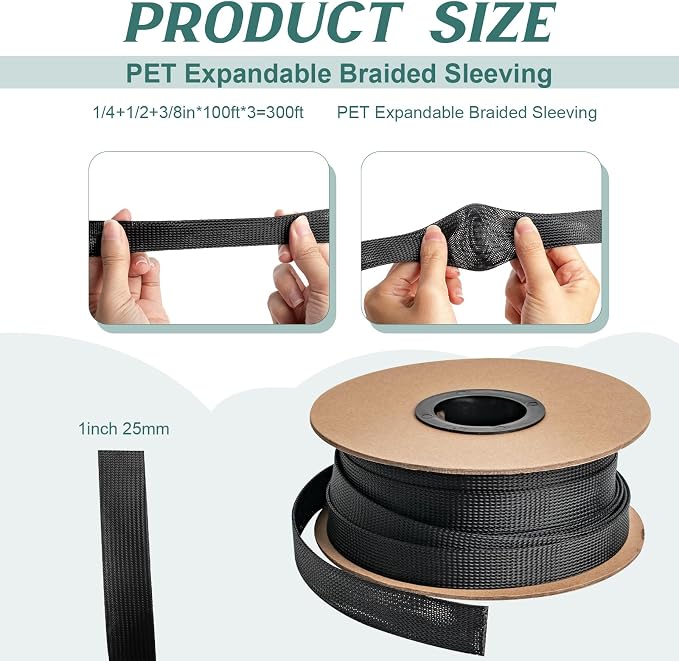 100ft 1 Inches Braided Wire Loom Automotive PET Cable Loom | Expandable Braided Cable Sleeving Mesh Wire Loom for TV, Computer, Home Theater, Black