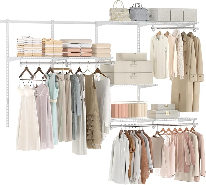 Giantex Closet Organizer System, 4-8 FT Wall-Mounted Closet Shelves and Rod, Adjustable Closet Organization w/ Hanging Rod, DIY Expandable Modular Metal Wire Shelving for Laundry Bedroom (White)