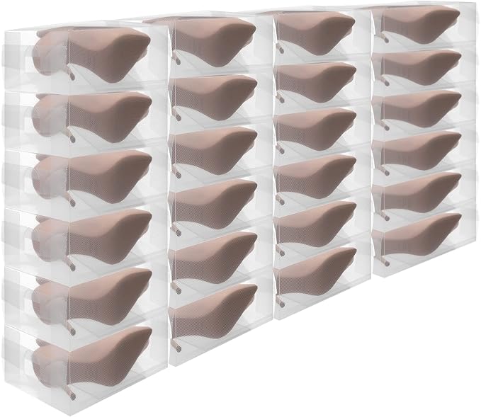 Sawysine 24 Pcs Shoe Box Clear Plastic Stackable Shoe Storage Organizer Foldable Heavy Duty Containers for Closet Apartments Small Spaces Dorm Bedroom (12 x 7.5 x 3.7 Inches)